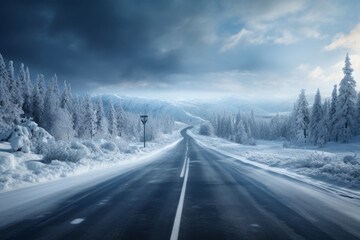 Fototapeta na wymiar Snowy winter road in a forest. Beautiful winter landscape. Generative AI