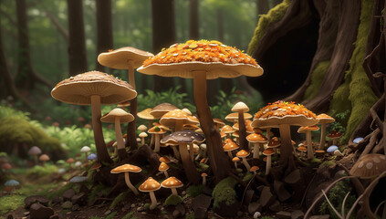 Among the dense, ancient trees of the forest, a vibrant world of mushrooms and mycology unfolds - AI Generative