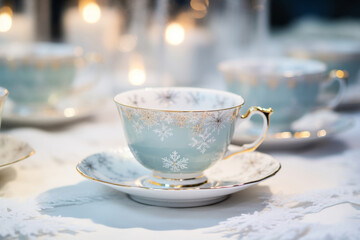 Winter themed tea party setup with snowflake patterned teacups and saucers. Generative AI