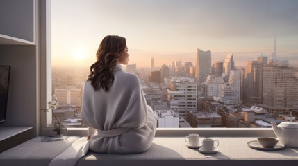 a woman in pajamas enjoying a serene morning by the window, gazing out at a cityscape