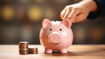 Childs hand putting coins in his pink piggy bank created with Generative AI