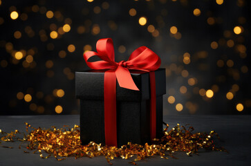 Black gift box with red ribbon on a dark background with bokeh lights. Christmas gift