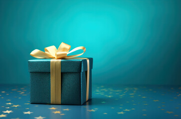 Turquoise gift box with gold ribbon and little stars on clean turquoise background. Christmas gift