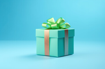 Green gift box with green bow on clean blue background. Christmas gift