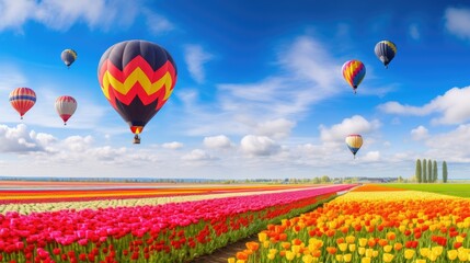A beautiful field of colorful tulips in full bloom stretches as far as the eye can see, with vibrant balloons adding a touch of magic to this fantastic spring event