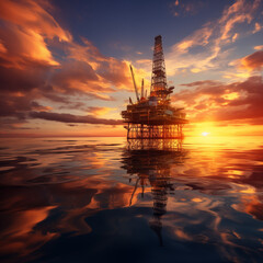 Oil rig platform at sea with a golden sunset, dramatic clouds and clear reflections