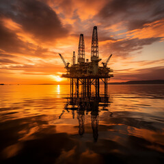 Oil rig platform at sea with a golden sunset, dramatic clouds and clear reflections