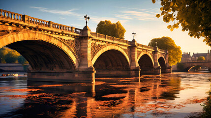 Iconic view of a historic bridge spanning a tranquil river