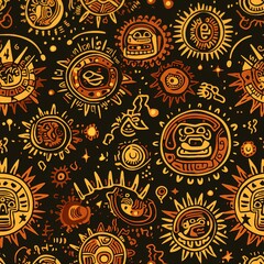 Aztec Sun and Calendar Symbols Pattern