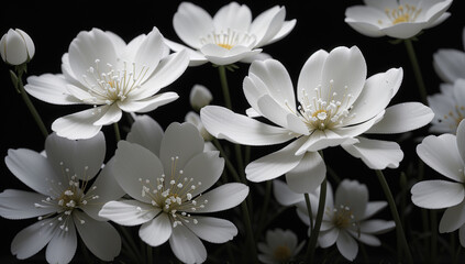 Obraz premium Amongst a field of delicate white flowers, each petal glistens like snowflakes against an isolated black background - AI Generative