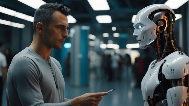 Human and AI robot face-off, exploring the intersection of humanity and artificial intellect.