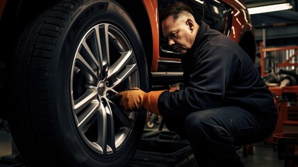 Naklejka premium Skilled Mechanic at Work: A professional mechanic expertly handles tire replacement in an automotive repair garage, ensuring vehicles are equipped with the right tires for the season.