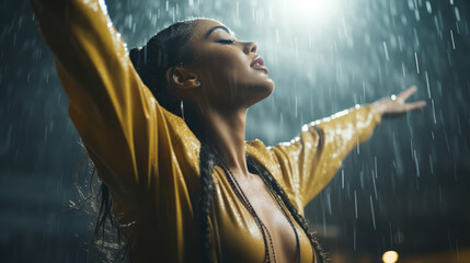 Close up shot of a young and beautiful lady is walking under the rain and enjoying the rain.  - obrazy, fototapety, plakaty