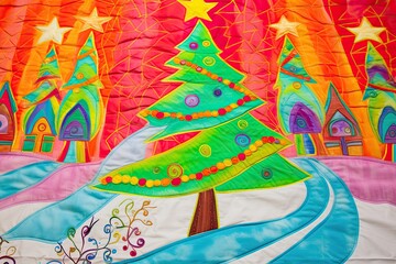 Fototapeta na wymiar Christmas trees on fabric trapunto quilt embroidery style