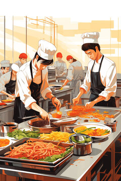 Illustration of Two Chefs Preparing a Meal in a Luxury Restaurant