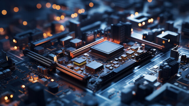 Macro shot of the computer components. CPU on motherboard with soft lighting.