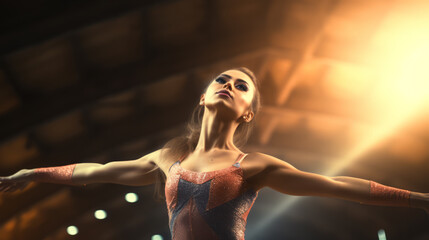 A female gymnast is performing a routine wearing a leotard