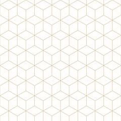 Elegant seamless pattern design with geometric hexagon lattice, gold line cube texture on white background. Simple luxury vector abstract repeat ornament for minimalist decor and fashion prints