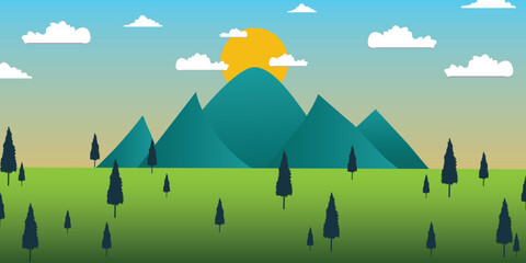 Vector ilustration of mountain landscape background design with silhoutte pine tree white clouds and orange sun 