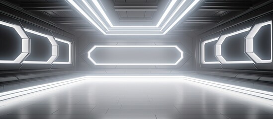 The white interior room with a black stage and a ai technology concept for the background design created a futuristic and immersive space for the music party with mesmerizing lights