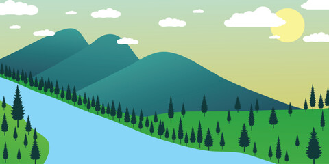 Vector ilustration of panoramic mountain landscape background design with silhoutte pine tree white clouds and sun