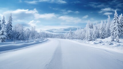 Fototapeta na wymiar Winter Wonderland Road: A picturesque snowy road winds through a pristine landscape, capturing the serene beauty and challenges of winter travel