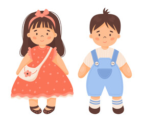 Children toy doll. Cute pair baby. Beautiful girl with long hair in red dress and boy in blue overalls. Vector illustration in cartoon style. Isolated on white. kids collection