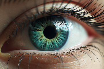 Close-up of human eye with green iris. Macro shot
