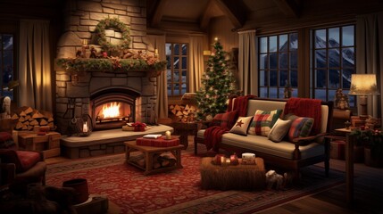 Fototapeta na wymiar A living room full of holiday decorations