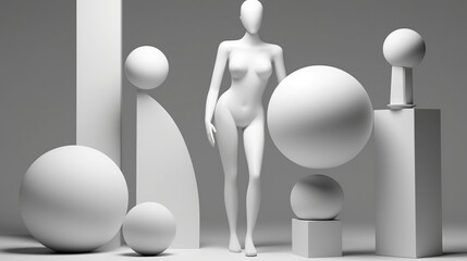 Sculptural composition with faceless nude female mannequin surrounded by abstract geometric figures. Spheres. Digital art. Illustration for cover, postcard, card, interior design, decor, etc. - obrazy, fototapety, plakaty