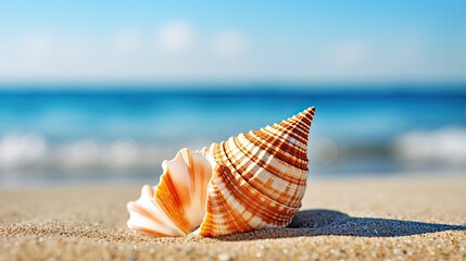 One seashell shell lies on the sandy shore of the sea or ocean at sunset of the day. Illustration for cover, card, postcard, interior design, banner, poster, brochure or presentation. - obrazy, fototapety, plakaty