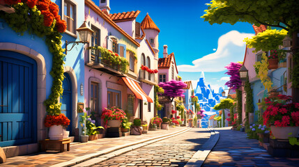 Picturesque street in a quaint coastal town with vibrant