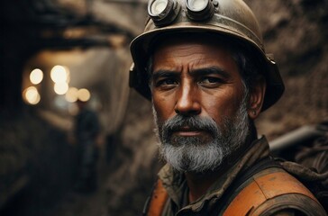 Portrait of a Latino miner with a beard: face of the subway resistance.work concept,safety,employee,engineer,gold,working,professional,employment,engineering