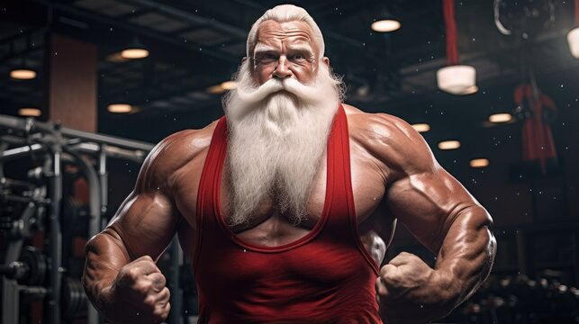 Close-up portrait of Santa Claus. Muscular bodybuilder in Santa suit with white fluffy beard shows off his muscles. Illustration for cover, card, postcard, interior design, banner, poster, brochure.