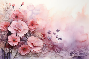 Watercolor floral background with pink flowers. Hand drawn vector illustration. ia generative
