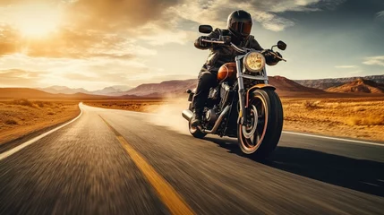 Foto op Plexiglas The Open Road Awaits: A biker, clad in black boots and leather jacket, sits confidently on a classic motorcycle by the side of the road, ready for a thrilling journey. © pvl0707