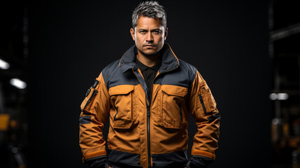 
Latin man with warm jacket looking at the camera. Worker with work uniform, isolated and dark background with copy space. Man with serious look. Builder, firefighter. worker, security.  - obrazy, fototapety, plakaty