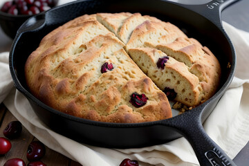 Soda bread in a cast iron pan with cranberries and pecans