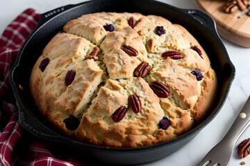 Soda bread in a cast iron pan with cranberries and pecans