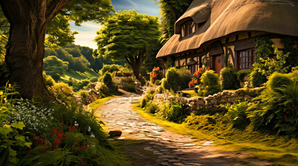 Tranquil scene of a thatched cottage in a lush, rural setting - obrazy, fototapety, plakaty
