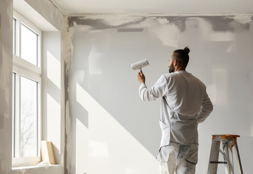 A male worker primes the wall with a roller for better grip