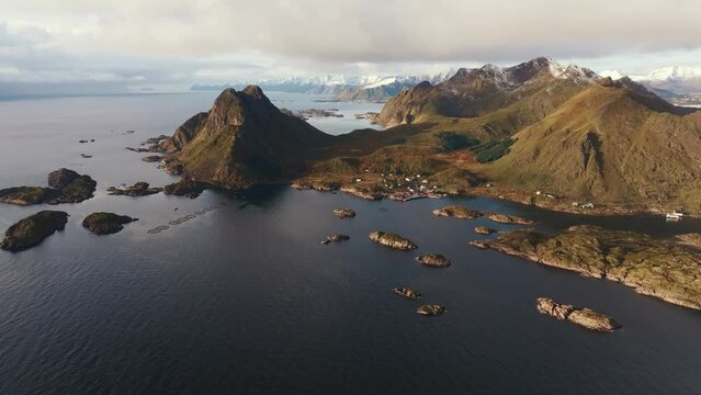 The Drone Takes Flight from the Top of a Norwegian Fjord Ure lofoten