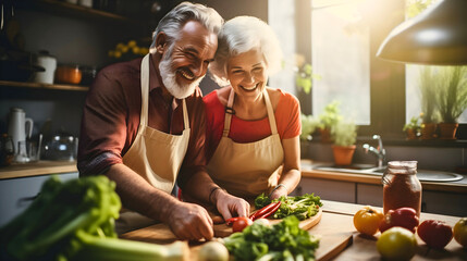 Happy senior couple in love, wearing aprons and smiling in the kitchen, table full of fresh vegetables, preparing healthy meal, blurred kitchen background, morning sunshine coming through the window - Powered by Adobe
