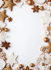Christmas frame with cookies, star anise, and new year's golden balloons on a white background. Generative AI