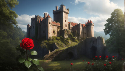an ancient castle in the forest and one red rose in the foreground - AI Generative - obrazy, fototapety, plakaty