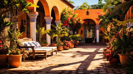 Lush courtyard of a colonial hacienda with vibrant colors - obrazy, fototapety, plakaty