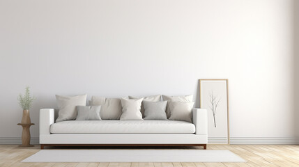 White living room interior with sofa, shelf decoration, carpet hardwood floor. Generative Ai