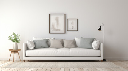 White living room interior with sofa, shelf decoration, carpet hardwood floor. Generative Ai