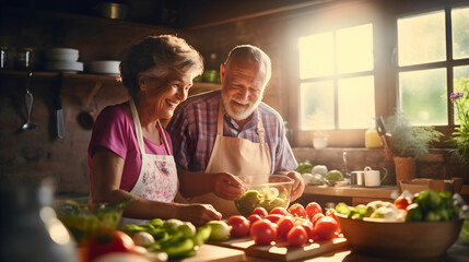 Happy senior couple in love, wearing aprons and smiling in old wooden kitchen, table full of fresh vegetables, healthy ingredients for a meal. Dishes in the background
