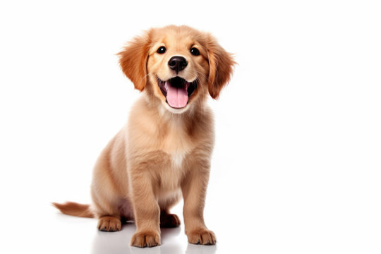 Funny golden retriver puppy dog standing on hind legs. Cute brown playful dog or pet isolated on transparent background.